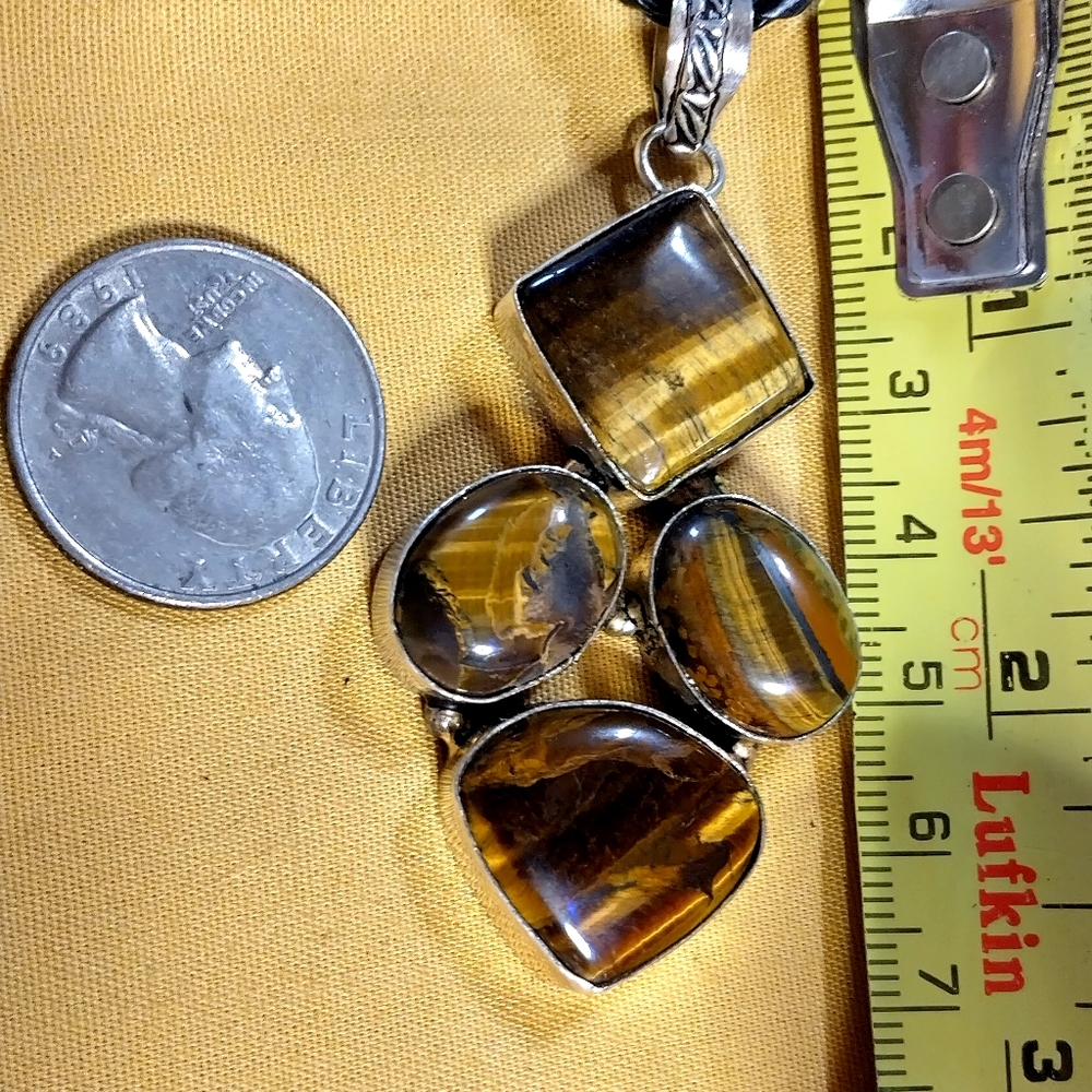 NATURAL TIGERS EYE GEMSTONE PENDANT ON 18-22"-INCH, STERLING CHAIN.